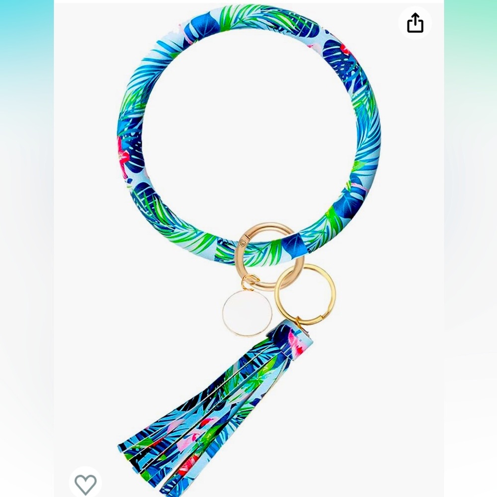 NWT Blue Floral Large Circle Key Ring Leather Tassel Bracelet Holder Keychain